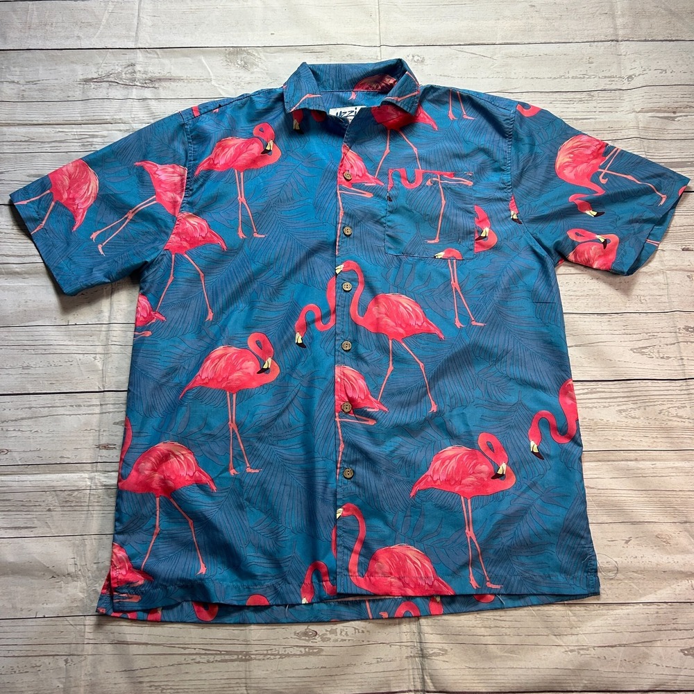 Uzzi Amphibious Gear Blue Pink Flamingo Button Up Shirt Men's Size Medium‎
